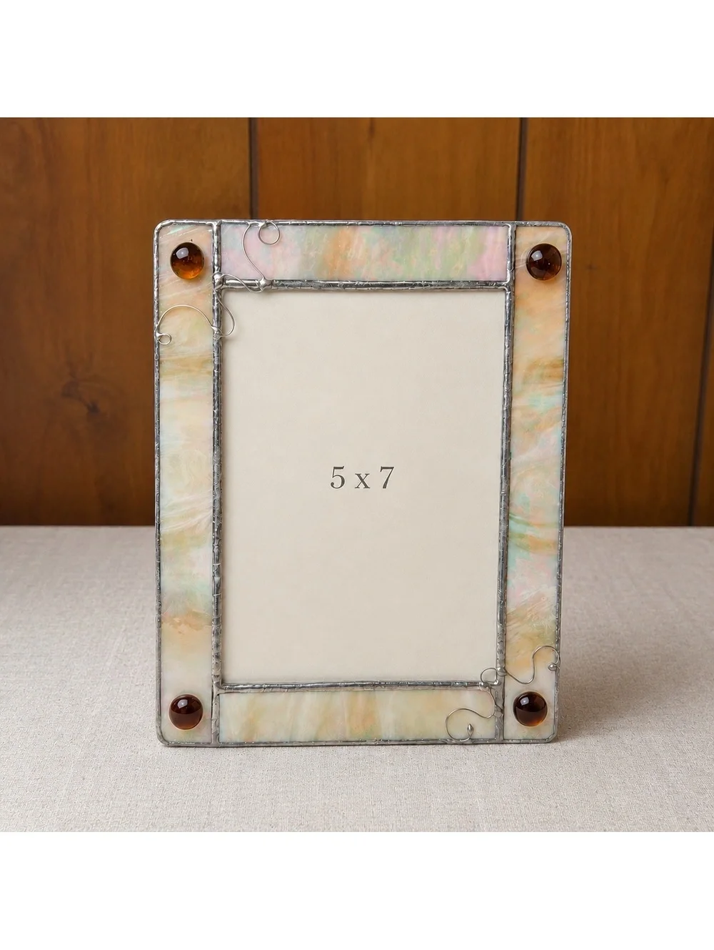 Stained Glass 5x7 Photo Frame Iridescent Art Glass Amber Cabochon Wire Accent
